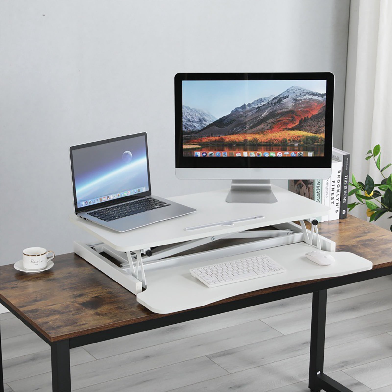 PORKISS Desk Converter, Height Adjustable Standing Desk Converter, Laptop Workstation with Keyboard Tray, White