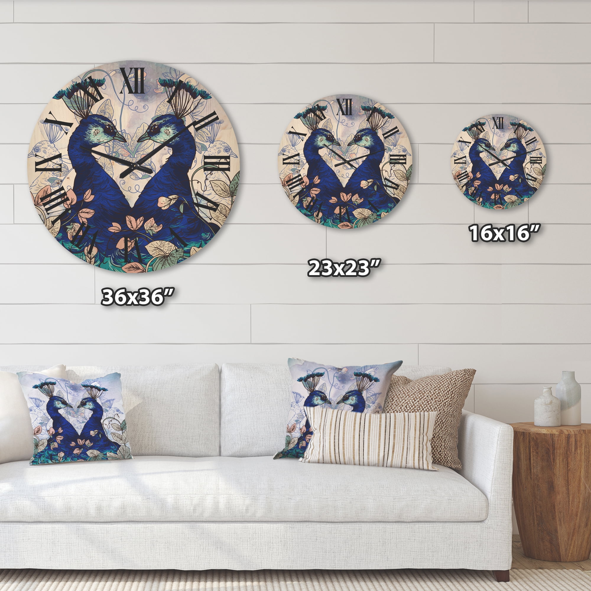 Designart 'Wildflowers With Two Blue Peacocks' Traditional Wood Wall Clock