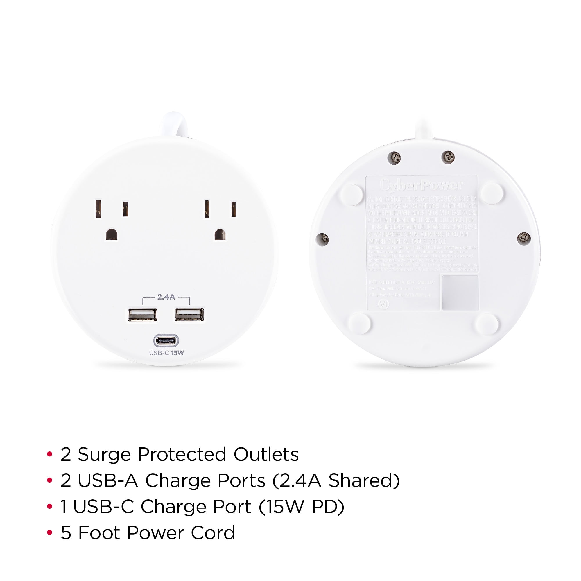 CyberPower P205UC - 500 Joule White Surge Protector Power Strip with 2 Outlets, 3 USB Ports and 5 ft Extension Cord