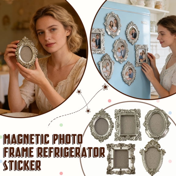 Creative Magnetic Photo Frame, Refrigerator Magnet With Silver Finish, Decorative Sticker For Home Kitchen, Holds Photos, Set Of 6