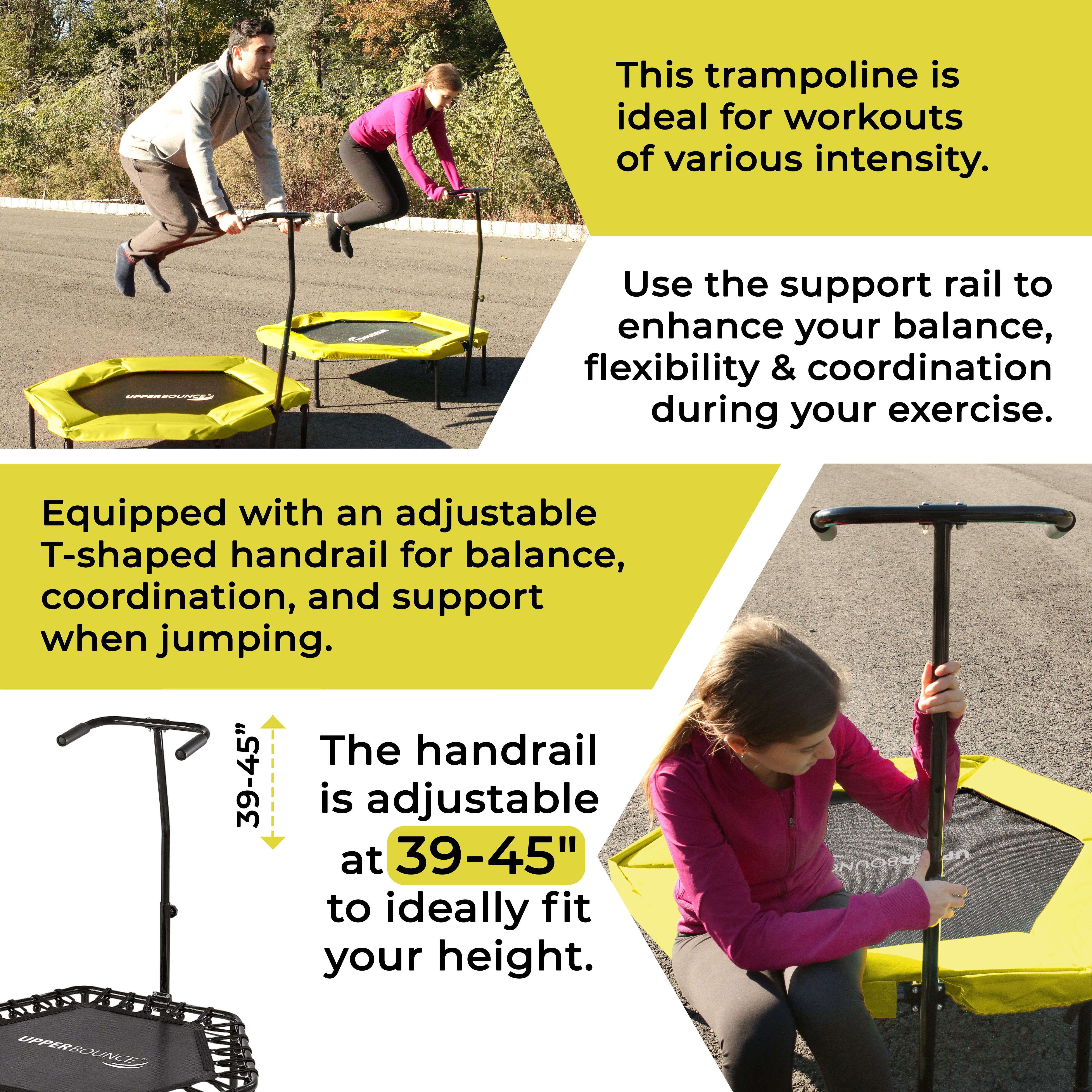 Upper Bounce 50" Mini Trampoline with Adjustable T-Shaped Handrail – Hexagonal Rebounder Fitness Trampoline for Kids & Adults - Yellow