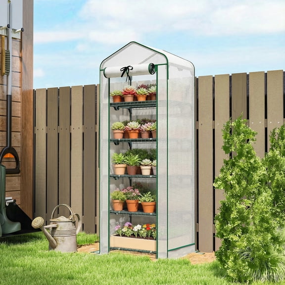 Outsunny 5 Tier Mini Greenhouse with Screen Roof, 27.6" x 19.7" x 75.6", Portable Small Greenhouse with High Strength PE Cover, White