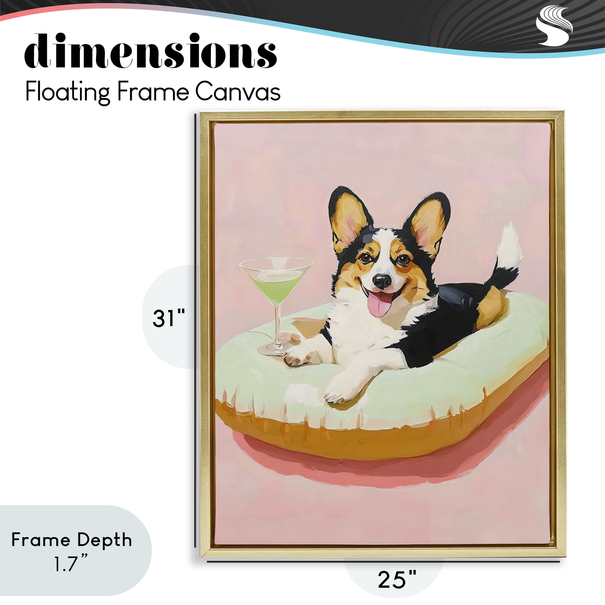 Stupell Industries Pastel Corgi with Cocktail Gold Framed Floater Canvas Wall Art, design by The Prints Vibe