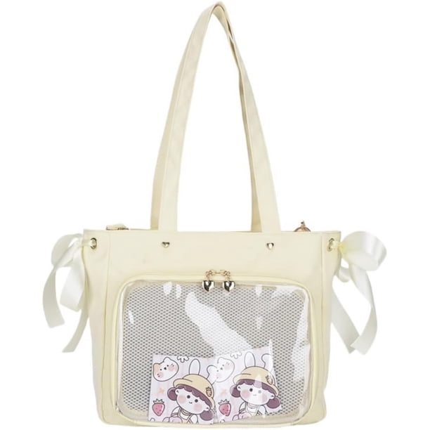 LHSHID Cute Ribbon Japanese Ita Bag Large Tote Crossbody Bag Messenger Bag for Women Aesthetic Bag Y2K Purse (White)