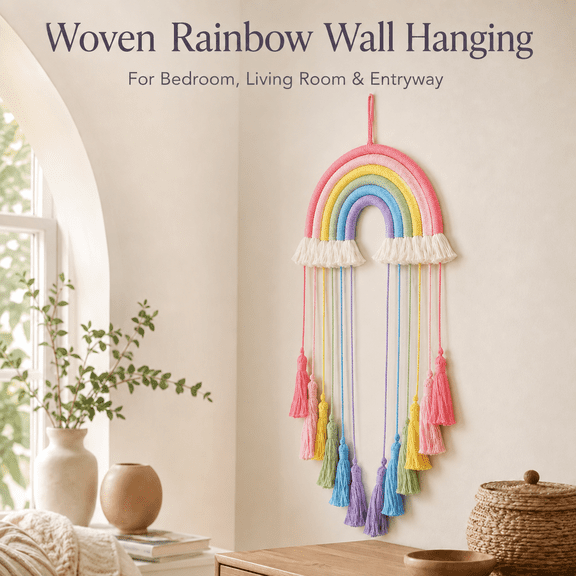 MORAVE Pink Rainbow Macrame Wall Hanging, Hand-Woven Cotton Tassel Tapestry, Stylish Ornament for Home Decor