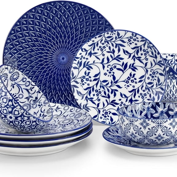 Plates and Bowls Set for 4, 12 Pieces Dinnerware Sets, Mircowave and Dishwasher Dishes Set, Porcelain Blue Dinnerware