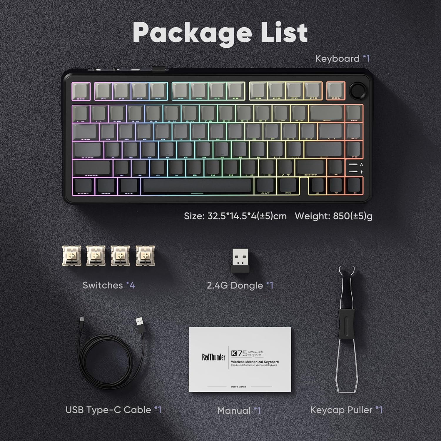 Hot Swappable 75% Wireless Mechanical Gaming Keyboard with Knob, RGB Backlit, Linear Switches, Side Engraved PBT Keycaps, Wireless/Wired/BT 5.0, Gradient Gray