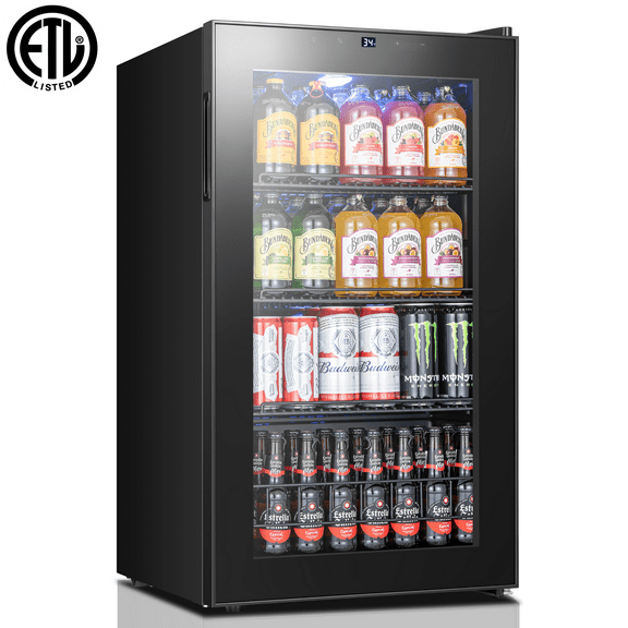 Yeego 136 Can Beverage Refrigerator Cooler, 3.4 cu.ft. Beverage Fridge with Glass Door for Home/Bar/Office, Black