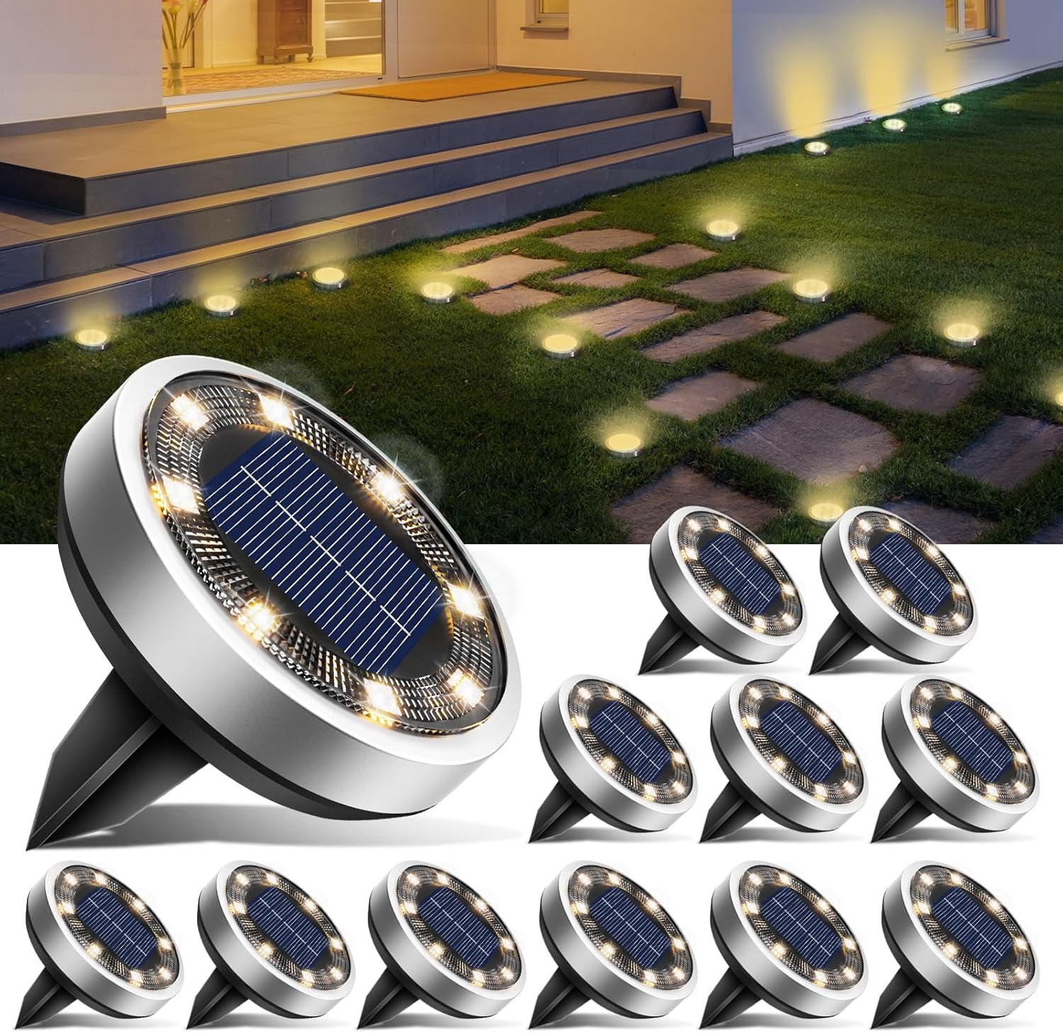 Btfarm 12 Pack Solar Lights Outdoor, 8 Led (Warm White), Solar Lights Outdoor Waterproof, Landscape Lighting