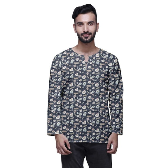 Atasi Printed Cotton Long Sleeve Shirt Casual Short Kurta For Men Summer Wear
