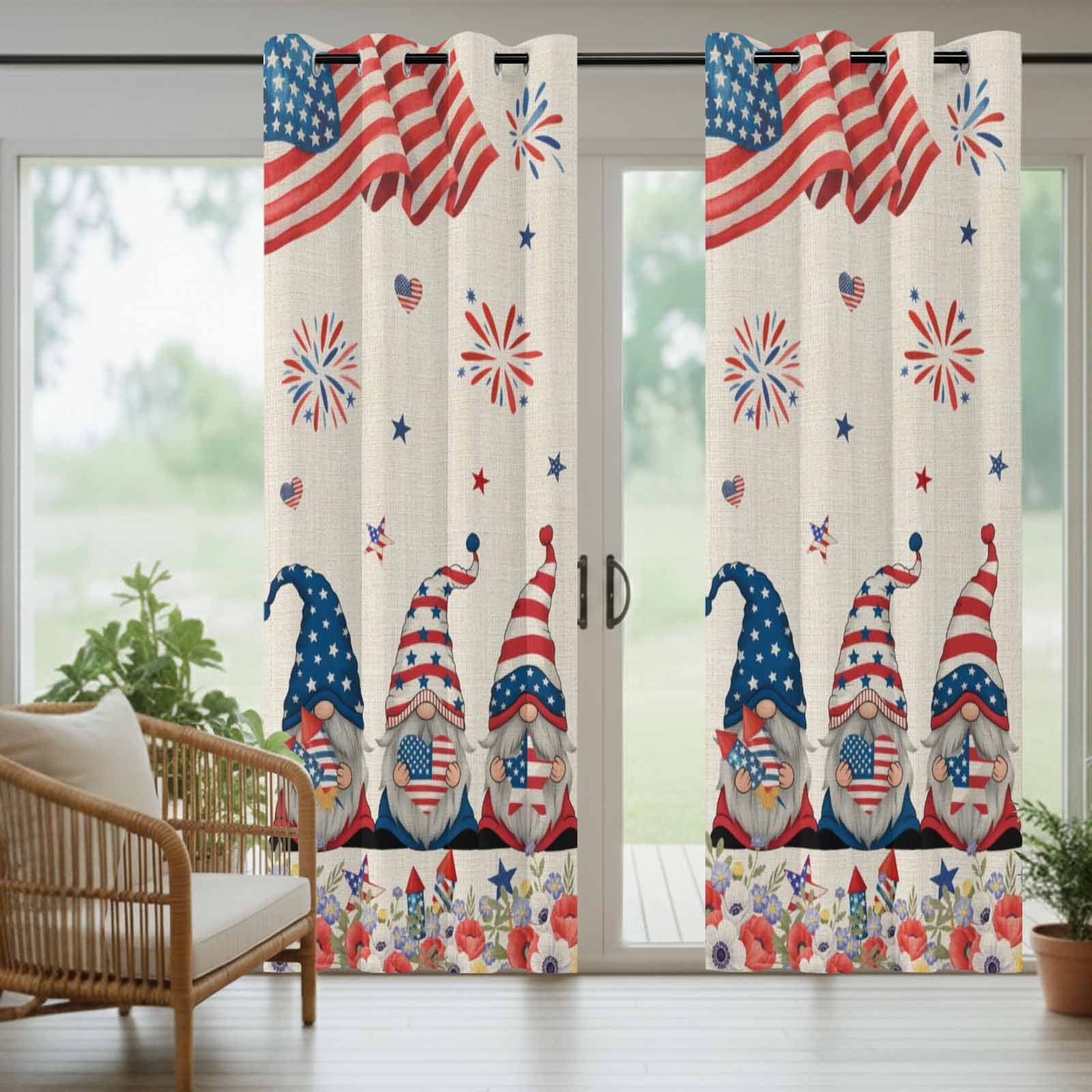 Independence Day Outdoor Curtains for Patio, Gnome Poppy US Flag Retro 4th of July Sunshade Privacy Drapes Grommet Waterproof Outside Curtains for Porch/Cabana/Balcony 54"x 108", 1 Panel