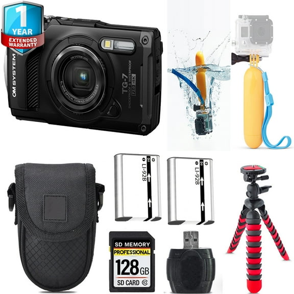 Olympus OM SYSTEM Tough TG-7 Digital Camera (Black)   Floating Hand Grip    Extra Battery  1 Yr Warranty   Case -128GB