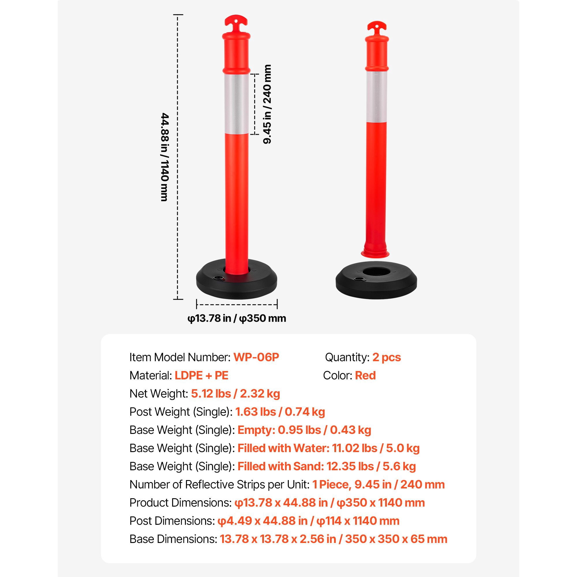 Traffic Delineator Posts 2-Pack 48" with Reflective Strips, Fillable Base, for Construction Site Parking Lot Crowd Control