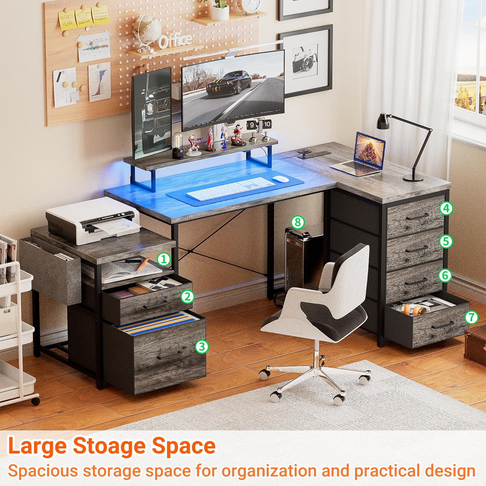 Homieasy Reversible L Shaped Computer Desk with Fabric File Drawers, 70.8" Large Office Desk with RGB LED Lights & Power Outlets & Monitor Stand & CPU Stand, Sturdy Corner Gaming Desk, Black Oak