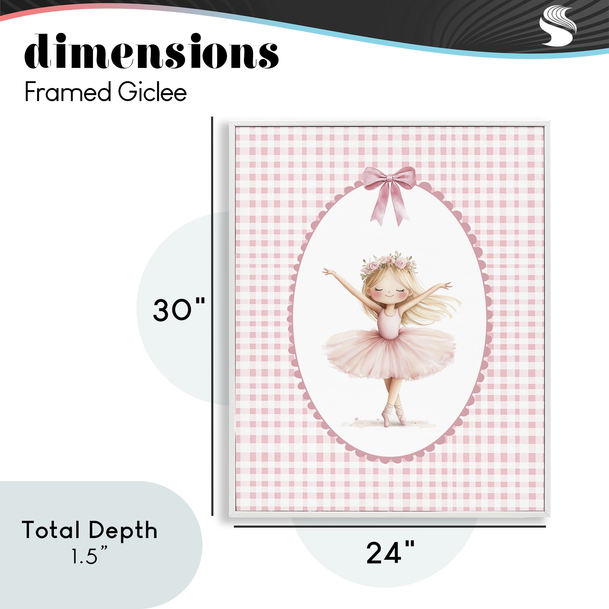 Ballerina on Pink Checkered White Framed Giclee Art, design by Christine Simpson Art