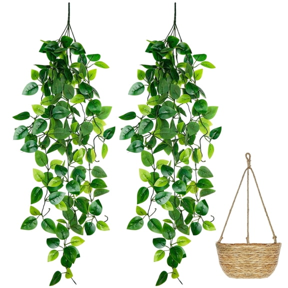 Huryfox 2 Pack Artificial Pothos Plant with Wicker Hanging Basket, Fake Greenery Vines 39.4 Inch, Silk Ivy Leaves Indoor Outdoor Decor