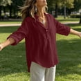 thumbnail image 6 of ClodeEU Women's V Neck 3/4 Sleeve Linen Blend Blouse,Casual Loose Fit Half Button Shirt Wine,Women's Plus XXL, 6 of 9