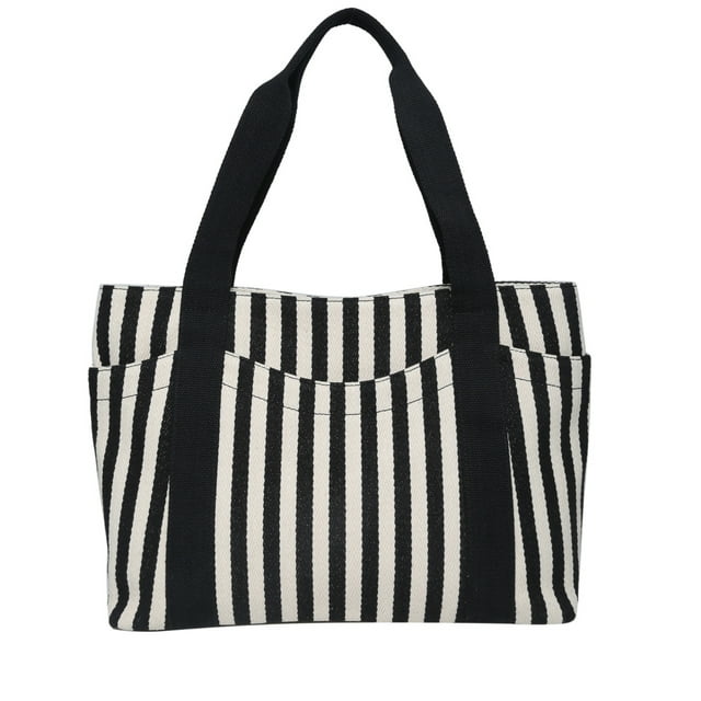 Bolso tote a rayas Bolsos de hombro tipo cartera diarios en blanco y negro con bolsillos múltiples