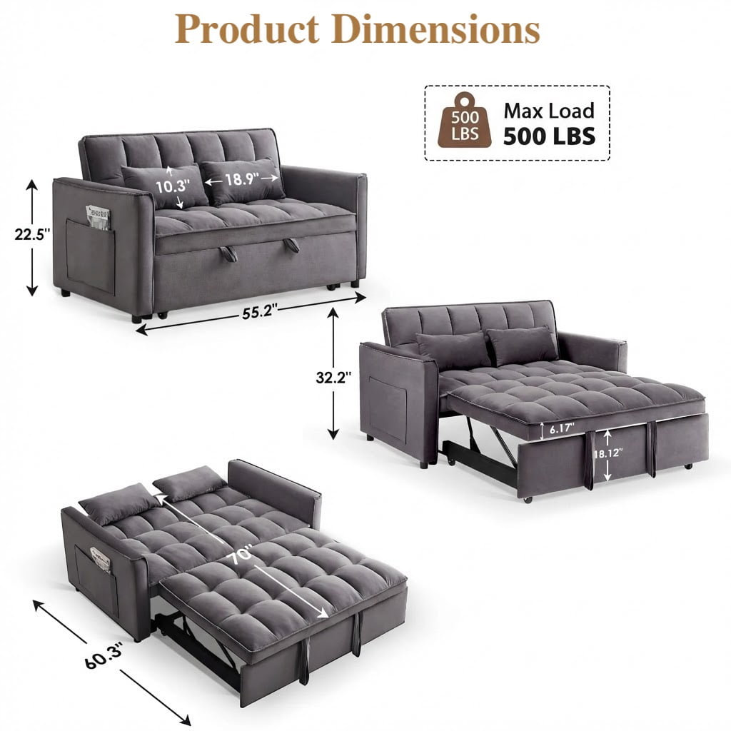 Xiweot Convertible Sleeper Sofa Bed, 55" Pull Out Couch with Side Pockets, 3 in 1 Velvet Loveseat Sofa with Adjustable Backrest for Living Room Bedroom Apartment (Dark Gray)