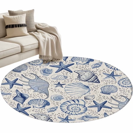 Area Rug 36in Ocean Navy Blue Starfish Conch Seamless Floor Carpet Living Room Rug Marine Life Retro Linen Non-Slip Welcome Mat Indoor Rugs for Bedroom Dining Room