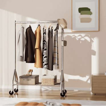 Heavy Duty Clothes Rack Load 420 LBS, Rolling Garment Rack with Lockable Wheels, Standing Metal Clothing Rack, Portable Wardrobe Rack Sturdy Coat Rack for Hanging Clothes (Silver)