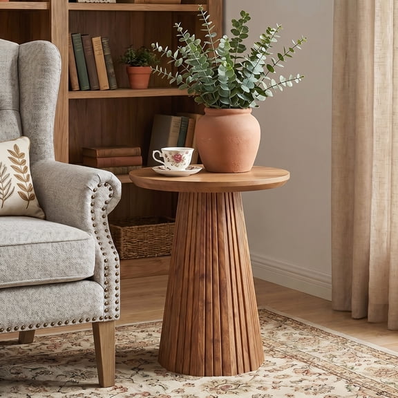 Finmind Solid Wood Pedestal Side Table, Small Round End Table with Fluted Base for Living Room, Small Spaces, Brown