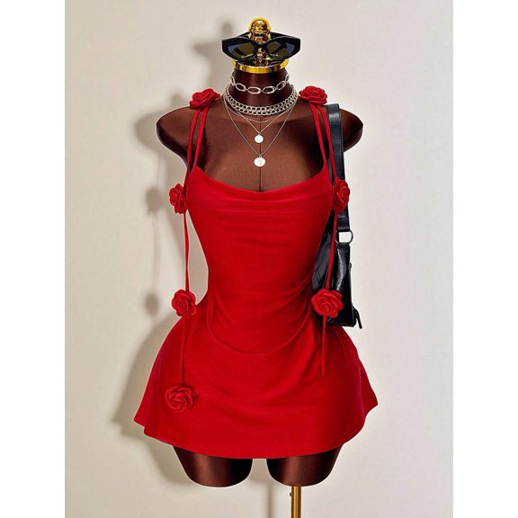Vibrant Red Halter Mini Dress With 3D Rose Embellishments, Ruched Bodycon Fit, Open Back Design For Evening Events