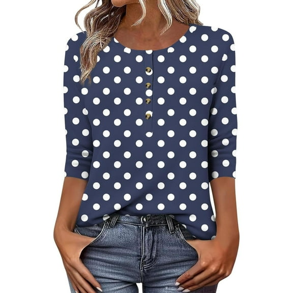 Weikingp 3/4 Sleeve Shirts For Women Three Quarter Sleeve Tee Shirts For Women Womens T Shirts Loose Fit Floral T Shirts For Women 3/4 Length Sleeve Womens Tops Blue L