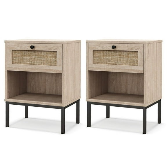 Rattan Nightstand Boho End Table with Rattan Drawer and Open Shelf Set of 2