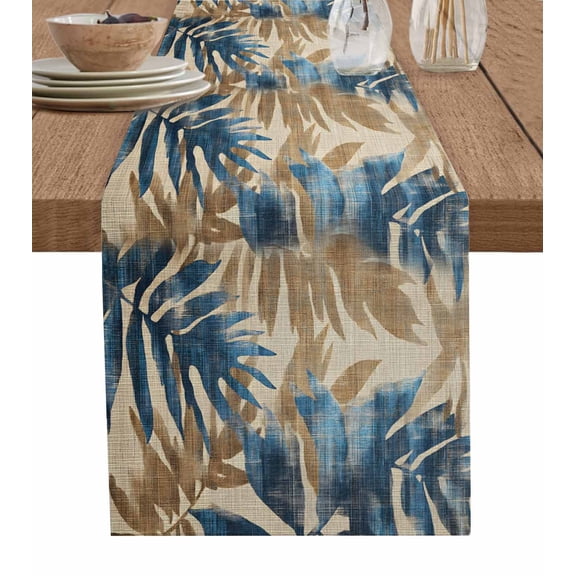 Hokiten Table Runners 72 Inches Long Dress Scarves, Navy Blue Brown Botanical Farmhouse Kitchen/Dining Table Runner, Coffee Tablerunners, Rustic Tropical Palm Leaves 13x72 Inch