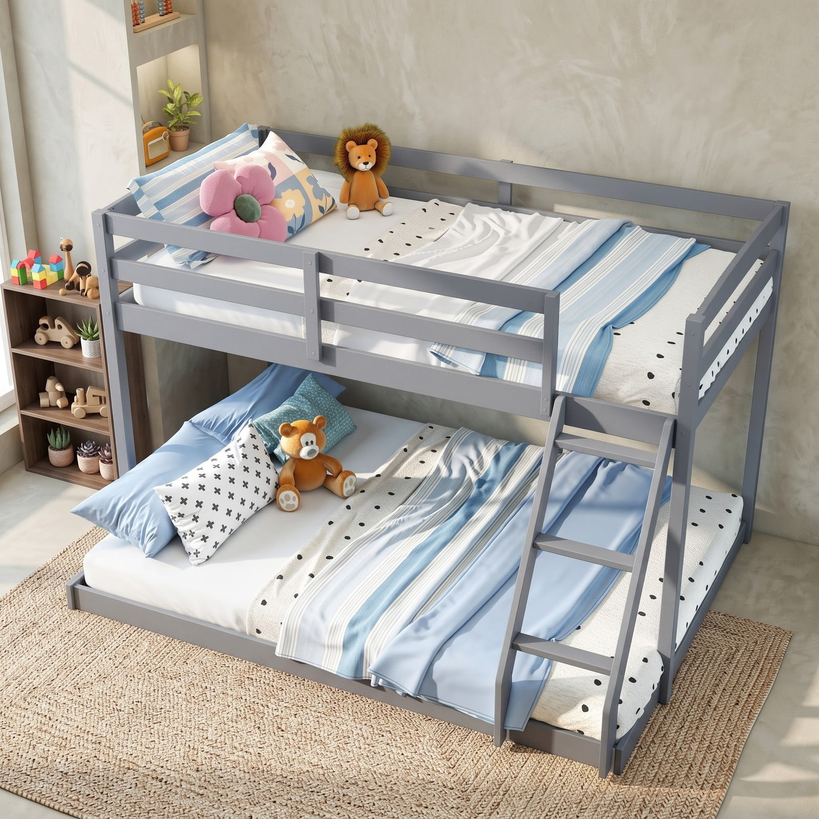 Furnibear Twin Over Full Low Floor Wood Bunk Bed with Guardrails and Integrated Ladder for Kids Teens and Guest Rooms, Gray