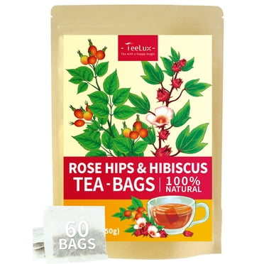 TeeLux Rosehip Hibiscus Tea Bags, Slight Tart Taste & Fruity Flavor, Caffeine Free, 60 Count