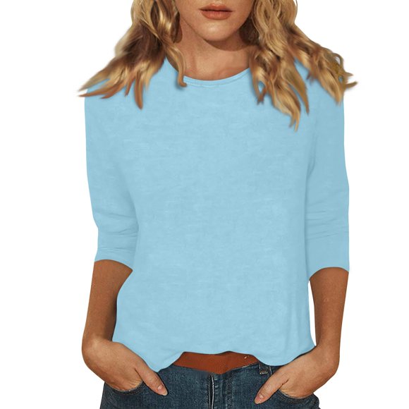 DENGDENG Womens 3/4 Sleeve Blouses Elbow Sleeve Summer Tshirts Solid Color Boat Neck Casual Tunics Boho Three Quarter Length Clothes Cute Shirts Light Blue S