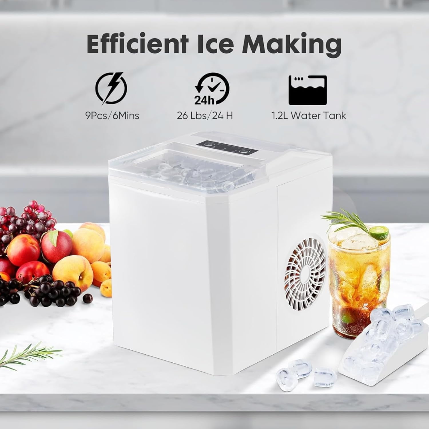 Simenmax Ice Maker, Portable Countertop Icemaker Machine, Self Cleaning Quiet 2 Sizes Bullet Cubes Makers, 9 Cubes in 6 Mins, 26lbs/24Hrs with Ice Scoop, Basket for Home Kitchen Party,White