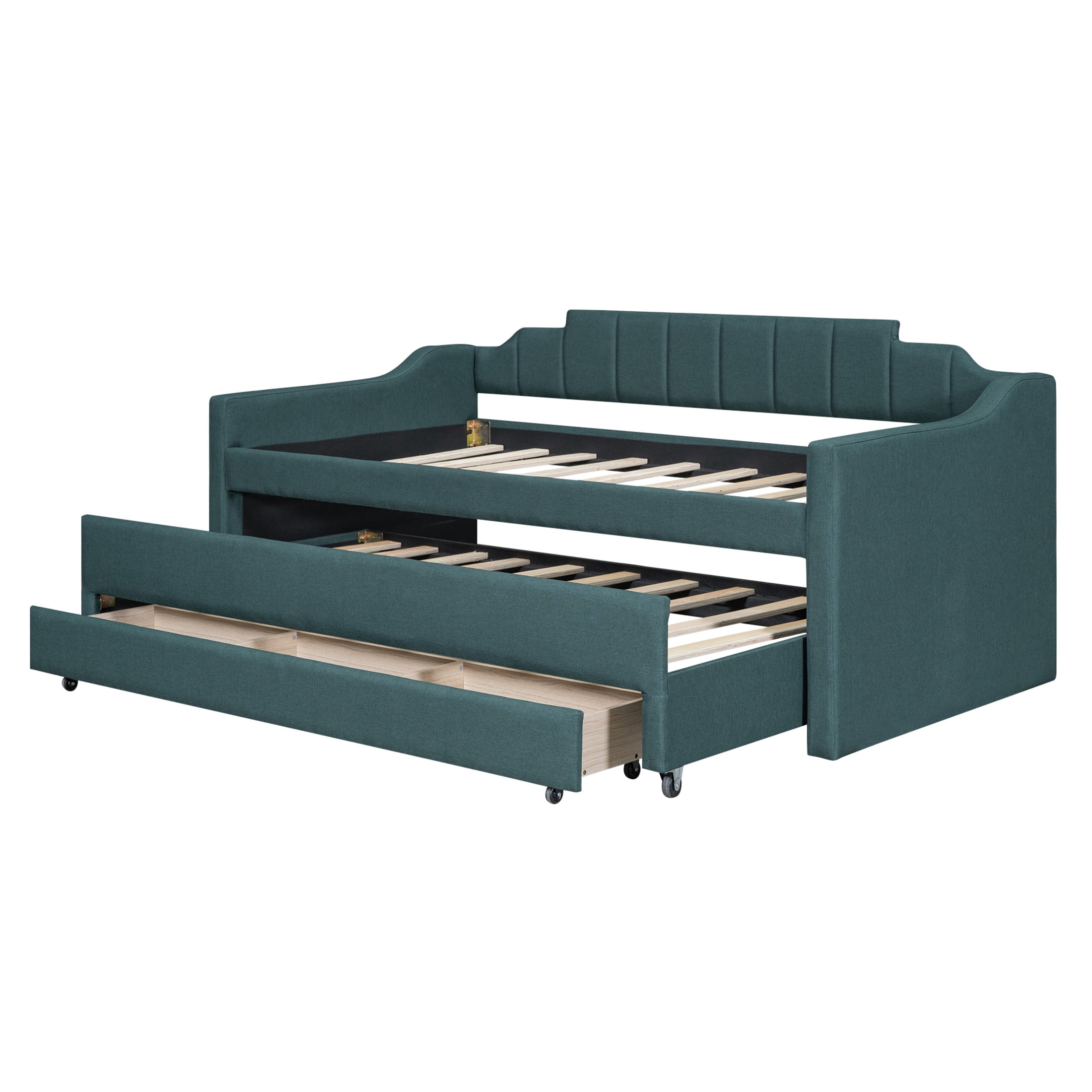 Noble House Norwick Twin Linen-Blend Upholstered Daybed with Trundle and Storage Drawers, Green