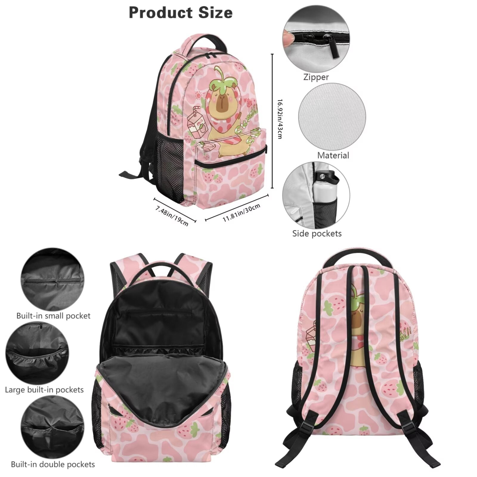 Pzuqiu Capybara Strawberry Back Pack for School Girls Backpacks for Teens Girls Backpack with Lunch Bag Pencil Case Water Bottle Holder Bag Large Shoulder Strap Rucksack