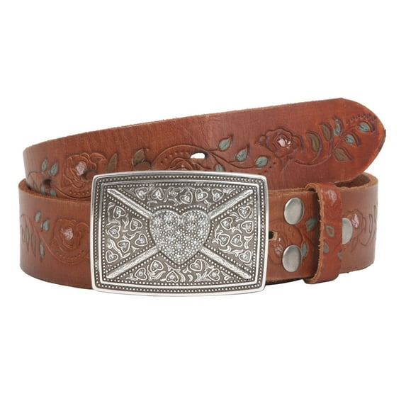 1 1/2" Snap On Floral Tree Engraved Oil Tanned Vintage Full Grain Leather Rectangular Rhinestone Heart & Flower Belt