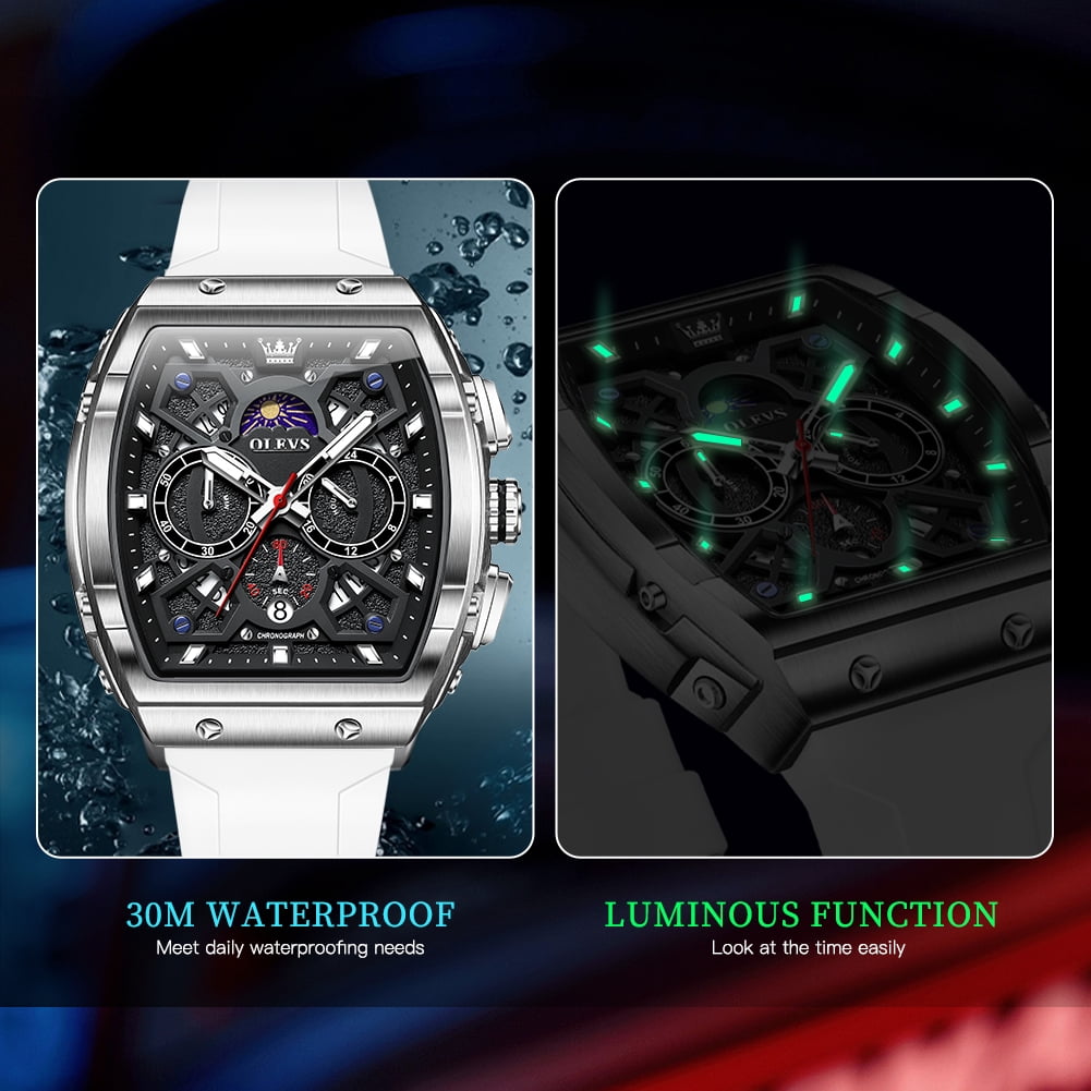 OLEVS Watches for Men Chronograph Waterproof Luxury Dress Quartz Silicon Strap Multifunction Moon Phase Calendar Luminous Men Wrist Watches Reloj Para Hombre Black/Red