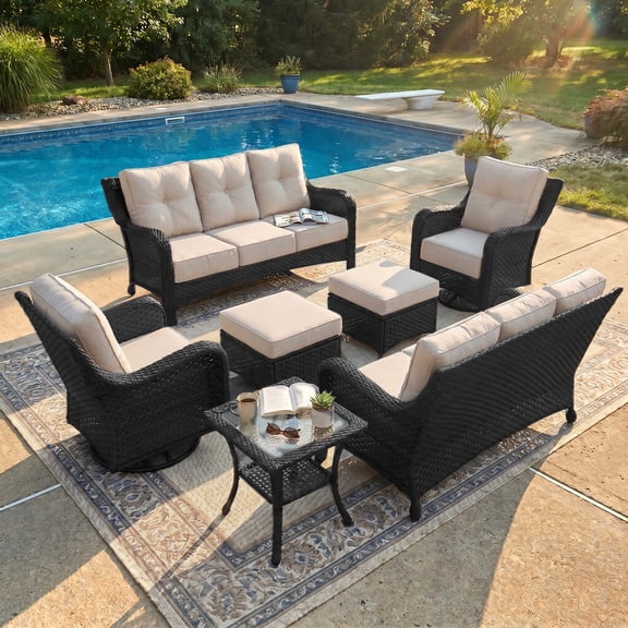 LayinSun 7 Pieces Patio Furniture Sets, Outdoor Wicker Conversation Set with Swivel Chairs and 6" Thick Cushion for Deck Garden Backyard