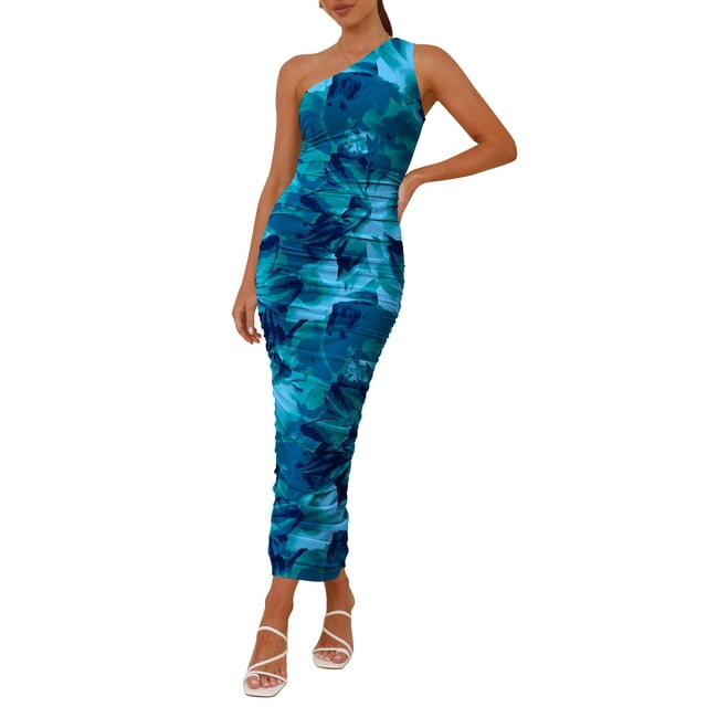 Vestido PRETTYGARDEN de un Hombro con Frunces y Estampado Floral XL