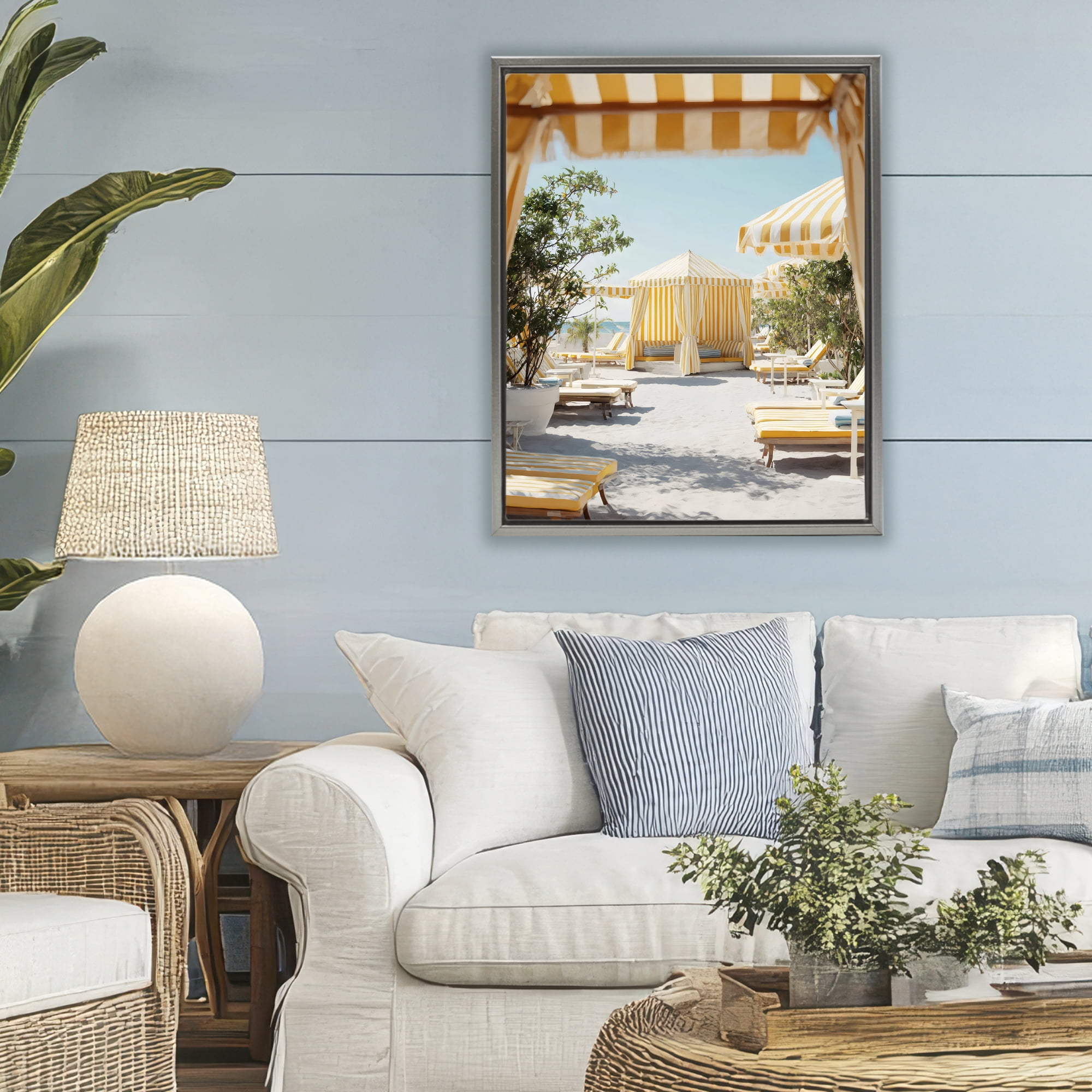 Stupell Industries Yellow Striped Beach Cabanas Gray Framed Floater Canvas Wall Art, design by Franklyn Gregory