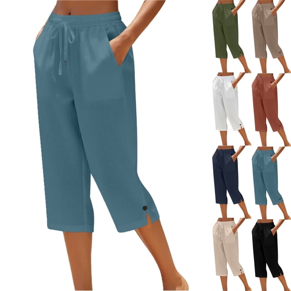 Vibrex Capris for Women Casual Summer Straight Leg Crop Pants Loose Comfortable Drawstring Yoga Capris Pants with Pockets Women's Linen Loose Pants