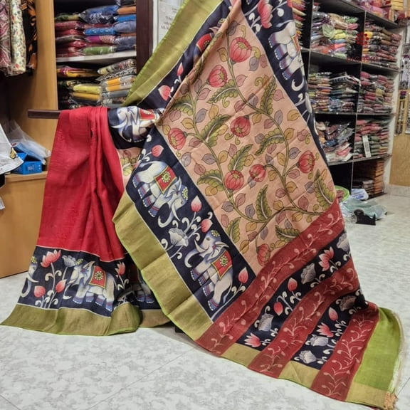 Red Hand Painted Kalamkari Tussar Silk Saree