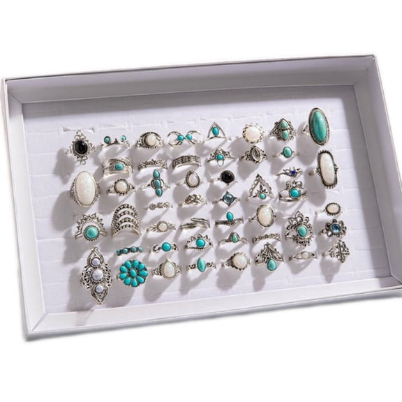 24pcs Vintage Style Assorted Rings Lot - Turquoise, Opal & Antique Silver Stacking Rings for Women (Gift Box)