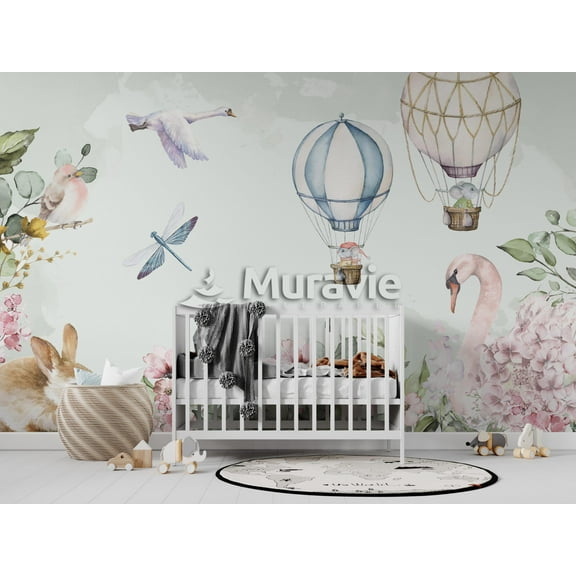 Hot Air Balloon Pastel Colors Kids Wallpaper , Crib Back Baby Room