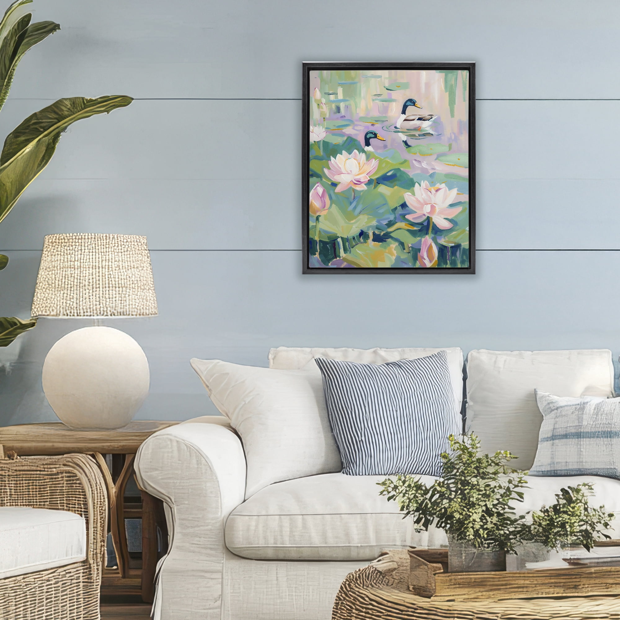 Stupell Industries Duck Pond with Lotus Flowers Black Framed Floater Canvas Wall Art, design by The Prints Vibe