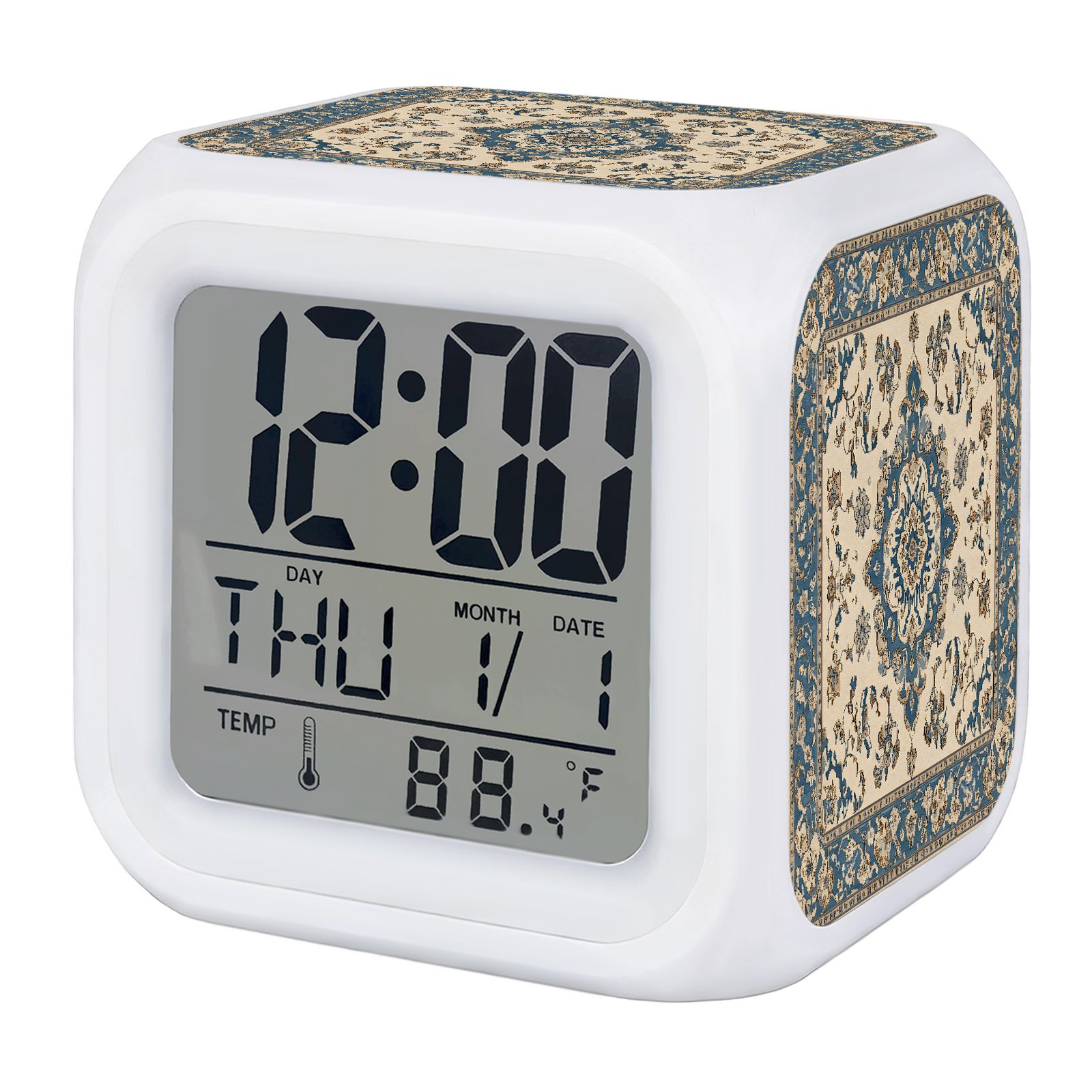 Vintage Floral Alarm Clock, Retro Blue Classical Bohemian Farmhouse Digital Clock Night Light with 7 Color, Calendar Temperature Display, LED Desk Small Clock for Bedrooms Bedside Living Room