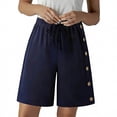 thumbnail image 2 of Women's Solid Casual 5 Inch Shorts with Elastic Waistband Button Closure, Nylon Spandex Stretchy Fit, Tummy Control Comfortable Everyday Wear, Mid Rise Versatile Summer | TruBelle,Navy L, 2 of 8