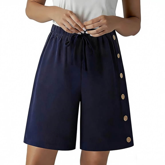 GUACER Wide Leg Shorts for Women Casual Elastic Waist Drawstring Side Button Fashion Bermuda Shorts