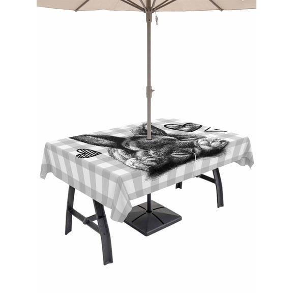 Grey Easter Outdoor Tablecloth - 52x70 Inch Rectangle Dining Table Cover, Spring Modern Cute Bunny Plaid Checkered Waterproof Outdoor Table Cloth with Umbrella Hole & Zipper for Picnic/Patio/Party